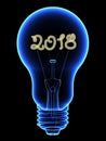 X-Ray lightbulb with sparkling 2018 digits inside isolated on black