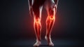 male figure touches his knee suffering from joints pain, red x-ray spot on knee, isolated on blank background