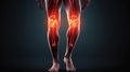 male figure touches his knee suffering from joints pain, red x-ray spot on knee, isolated on blank background