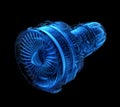 X-ray style turbofan jet engine isolated on black background