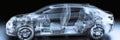 X-ray View Of A Modern Car, Chassis, Engine, And Interior Systems Visible On Black Background. Royalty Free Stock Photo
