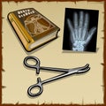 X-rays hand, medical book and surgical instrument