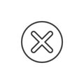 X, remove circular line icon. Round simple sign.