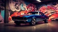 1960's Chevrolet Camaro muscle car parked in front of an abstract graffiti, AI-generated.