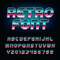 80's retro alphabet font. Metallic effect shiny oblique letters and numbers.
