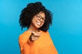 Cheerful african american girl point finger choosing you smiling. Job position offer, career concept Royalty Free Stock Photo