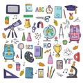 School supplies icon set. Vector colorful illustration. Hand drawings isolated on white background.