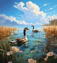 Serene Lakeview Geese: A Tranquil Watercolor Scenery.