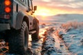 4x4 SUV on a dirty off-road vehicle in nature in mountains in winter