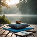Tranquil meditation space by the lake: peace, nature, and mindfulness. Royalty Free Stock Photo