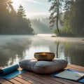 Tranquil meditation space by the lake: peace, nature, and mindfulness. Royalty Free Stock Photo