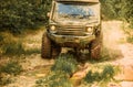 4x4 travel trekking. Off road sport truck between mountains landscape. Jeep outdoors adventures. Travel concept with big Royalty Free Stock Photo