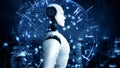 XAI hominoid AI robot looking at hologram screen showing concept of communication Royalty Free Stock Photo