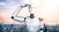 XAI Humanoid AI robot looking at hologram screen showing concept of big data Royalty Free Stock Photo