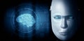 XAI Robot humanoid face close up with graphic concept of AI thinking brain Royalty Free Stock Photo