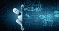 XAI 3D render hominoid robot show up from educational blackboard in class room