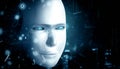 XAI Robot humanoid face close up with graphic concept of AI thinking brain Royalty Free Stock Photo