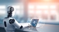 XAI Robot humanoid use laptop and sit at table for big data analytic Royalty Free Stock Photo