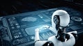 XAI Robot humanoid use laptop and sit at table for big data analytic Royalty Free Stock Photo