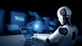 XAI Robot humanoid use laptop and sit at table in concept of AI thinking brain Royalty Free Stock Photo