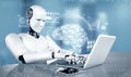 XAI Robot humanoid use laptop and sit at table in concept of AI thinking brain Royalty Free Stock Photo