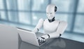 XAI Robot humanoid use laptop and sit at table in future office Royalty Free Stock Photo