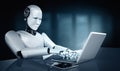 XAI Robot humanoid use laptop and sit at table in future office Royalty Free Stock Photo