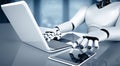 XAI Robot humanoid use laptop and sit at table in future office Royalty Free Stock Photo