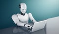 XAI Robot humanoid use laptop and sit at table in future office Royalty Free Stock Photo