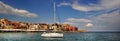 Xania, Crete, October 01 2018 Panoramic view of the Venetian harbor with a sailing vessel