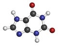 Xanthine purine base molecule. 3D rendering. Atoms are represented as spheres with conventional color coding: hydrogen white,.