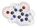 Xanthine purine base molecule. 3D rendering. Atoms are represented as spheres with conventional color coding: hydrogen white,.