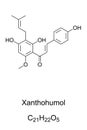 Xanthohumol, chemical formula, natural product found in blossoms of hops