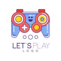 Xbox gamepad logo design in line style with red and blue fill. Wireless joystick for game console. Colorful vector