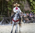 Xcaret, Mexico - December 19, 2022 - Horseman also known as Mexican charro in a magnificent exhibition of movements horse