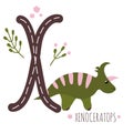 Xenoceratops.Letter X with reptile name.Hand drawn cute dinosaur.Educational prehistoric illustration.Dino alphabet.