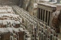 XI'AN, CHINA - AUGUST 6, 2018: Terracotta sculptures in the Pit 1 of the Army of Terracotta Warriors near Xi'an, Shaanxi Royalty Free Stock Photo