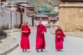 XIAHE, CHINA - AUGUST 24, 2018: Buddhist monks of Labrang Monastery in Xiahe town, Gansu province, Chi