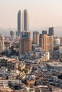 Xiamen city skyline with modern buildings, twin towers, old town and sea at dusk