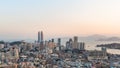 Xiamen city skyline with modern buildings, twin towers, old town and sea at dusk Royalty Free Stock Photo