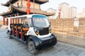 Xian, China - December 29, 2019: Golf cart with many seats, a row of golf carts seats service for golf course or tourist at Xian Royalty Free Stock Photo