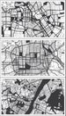 Xian, Wuhan and Tianjin China City Maps Set in Black and White Color in Retro Style