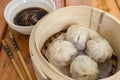 Xiaolongbao, a type of small Chinese steamed bun oe baozi traditionally prepared in a xiaolong, a small bamboo steaming basket Royalty Free Stock Photo