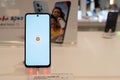 Xiaomi smartphone with Xiaomi logo on screen are shown on retail display in Xiaomi store. Minsk, Belarus - January 26, 2024 Royalty Free Stock Photo