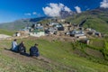XINALIQ, AZERBAIJAN - JUNE 14, 2018: Local men observe Xinaliq Khinalug village, Azerbaij
