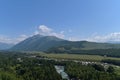 Aerial view of Hemu Village, surrounded by large swathes of birch forests, in the Kanas Nature Reserve, Altai Prefecture, Xinjiang