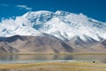 Mustagh Ata Mountain at Karakul Lake in Pamir Mountains, Akto County, Kizilsu Kirghiz Autonomous Prefecture, Xinjiang, China. Royalty Free Stock Photo