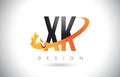 XK X K Letter Logo with Fire Flames Design and Orange Swoosh.