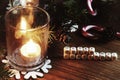 Xmas background tree wood ribbon candle Royalty Free Stock Photo