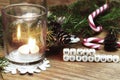 Xmas background tree wood ribbon candle Royalty Free Stock Photo